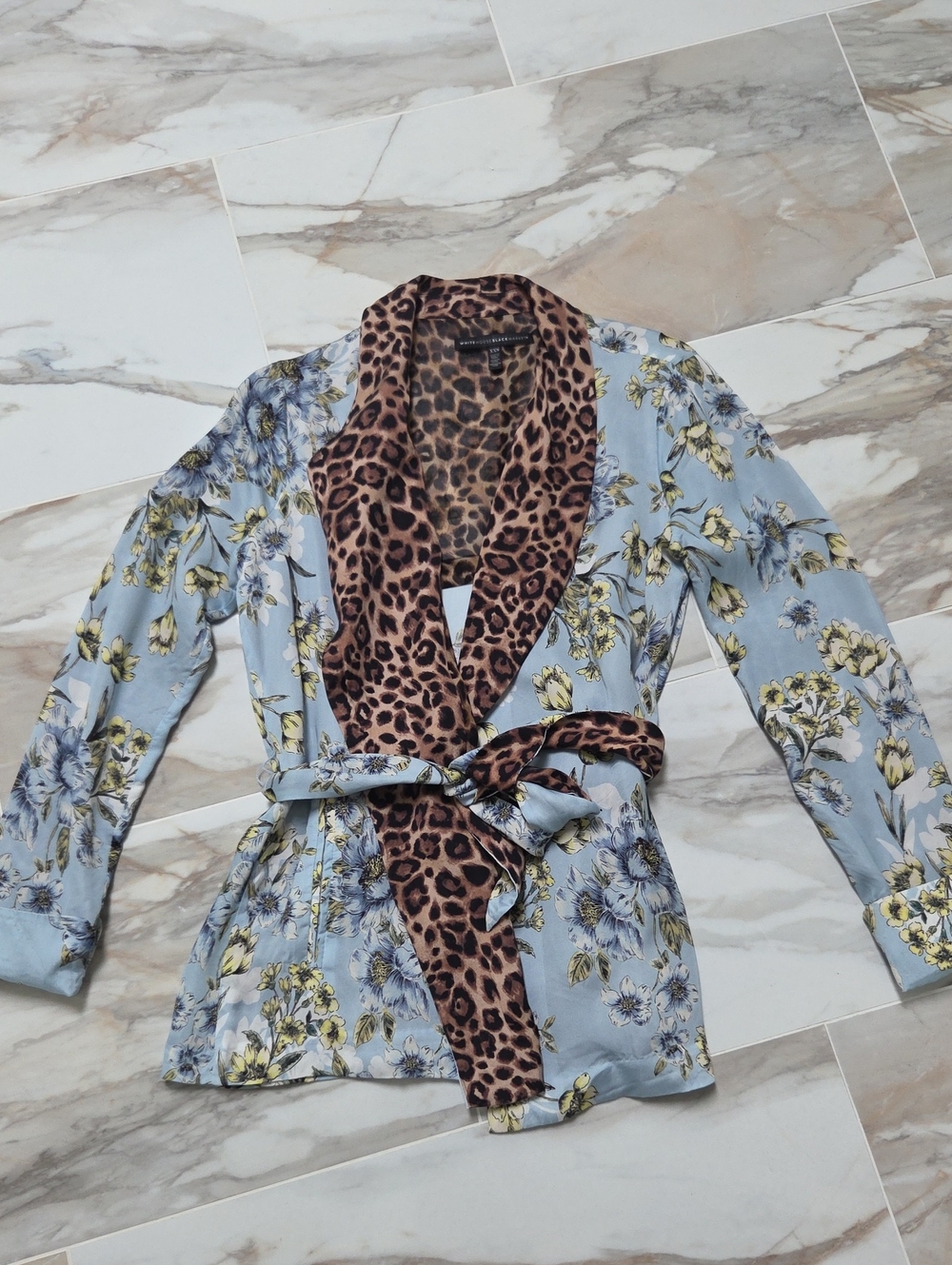 White House Black Market Light Blue Floral Blazer with Leopard Trim